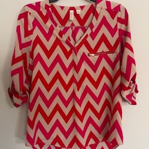 Y2K Popover Chevron Blouse Sz L Roll Tab Sleeve Gold Zip Boho Coastal Cowgirl